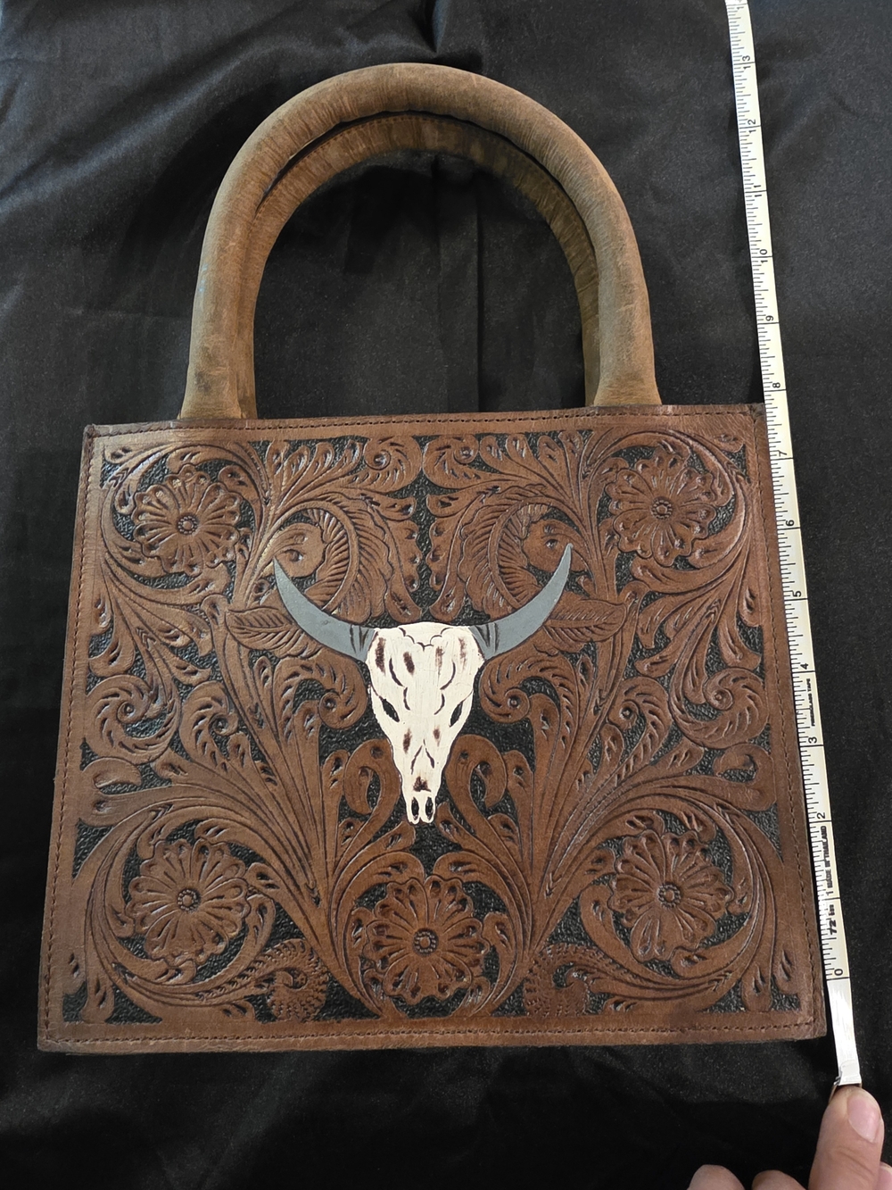 Hand-Tooled Brown Leather Tote with Bull Skull Accent
